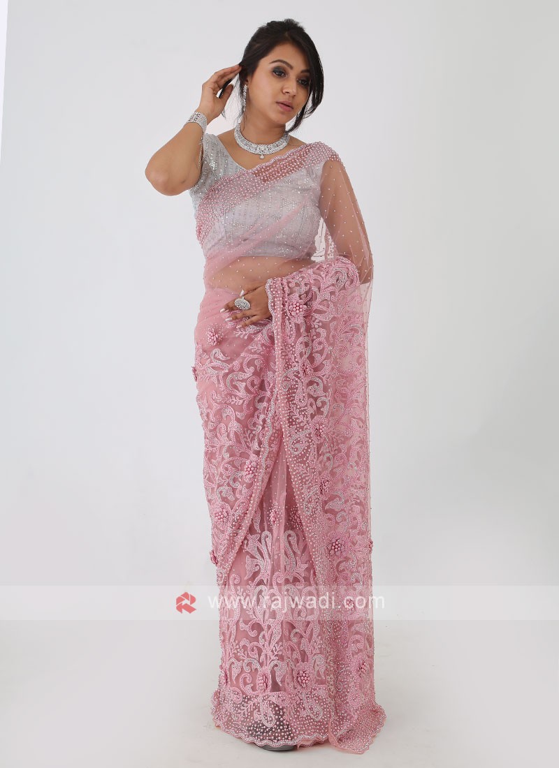 Blush Pink Pearl Embellished Net Saree With Blouse