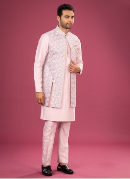 Light Pink Printed Nehru Jacket Set For Men