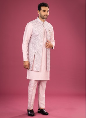 Light Pink Printed Nehru Jacket Set For Men