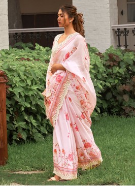 Light Pink Saree In Chiffon With Vibrant Floral Print