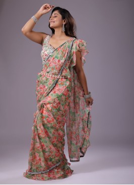 Light Pink Saree In Organza With Floral Print