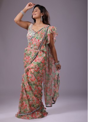 Light Pink Saree In Organza With Floral Print