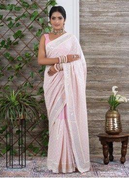 Light Pink Sequins Embellished Designer Chiffon Saree