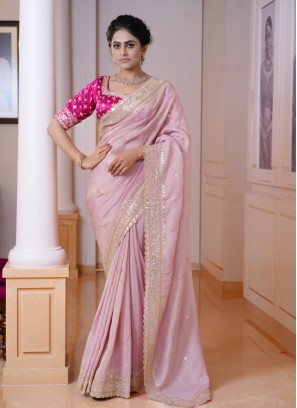 Light Pink Shimmer Silk Saree With Gota patti Work