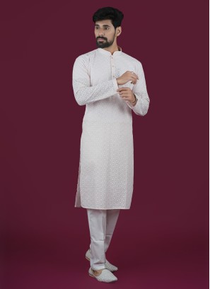 Light pink Thread Embroidered Cotton Kurta Pajama