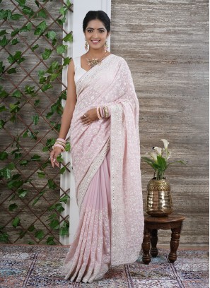 Light Pink Wedding Wear Chiffon Saree