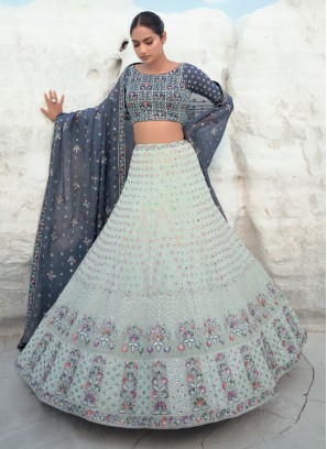 Light Pista And Grey Floral Sequins Embellished Lehenga Choli