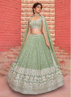 Light Pista Green Chiffon Sequins Embroidered Lehenga Choli