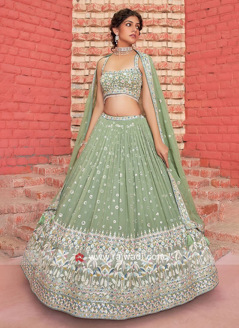 Beige And Green Floral Lehenga - Mogra Designs