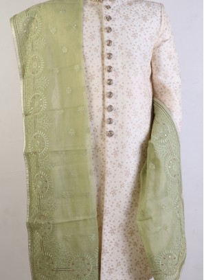 Light Pista Green Silk Sherwani Dupatta