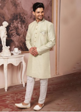 Light Pista Green Thread Embroidered Indowestern Set