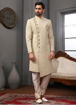 Light Pista Green Wedding Wear Lucknowi Embroidered Sherwani