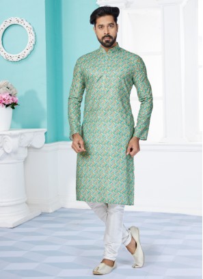 Light Sea Green Digital Printed Cotton Silk Kurta Pajama