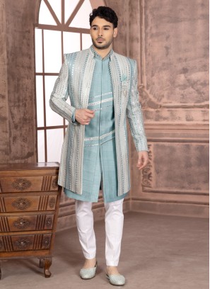 Light Sea Green Jacket Style Indowestern Set With Embroidery