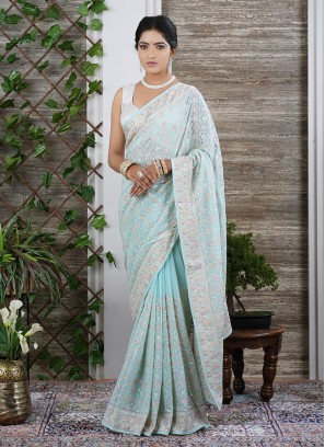 Light Sea Green Party Wear Chiffon Saree