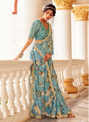 Light Sea Green Saree With Multi Color Floral Print