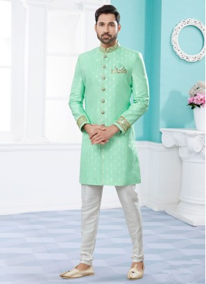 Light Sea Green Woven Work Indowestern Set