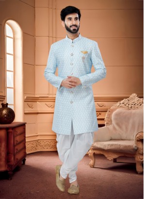 Light Sky Blue Embroidered Indowestern Set