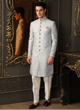 Light Sky Blue Embroidered Indowestern Set In Art Silk