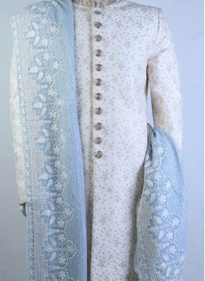 Light Sky Blue Heavy Embroidered Sherwani Dupatta