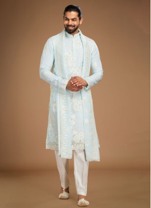 Light Sky Blue Mens Embroidered Kurta Pajama