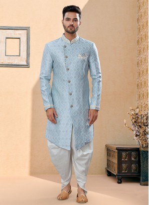 Light Sky Blue Thread Work Asymmetric Indowestern