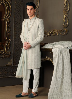 Light Sky Blue Wedding Embroidered Sherwani Set