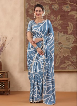 Light Steel Blue Designer Satin Silk Saree