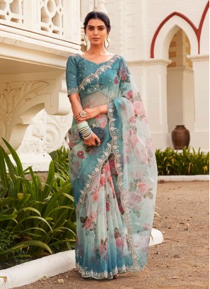 Light Teal Floral Printed Party Wear Saree