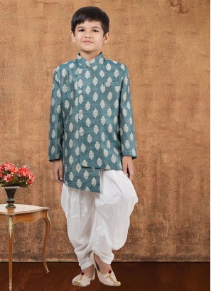 Light teal Jacquard Silk Indowestern Set