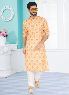 Light Yellow Digital Printed Readymade Kurta Pajama For Men