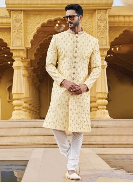 Light Yellow Embroidered Art Silk Sherwani For Men