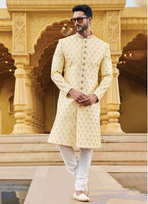 Light Yellow Embroidered Art Silk Sherwani For Men