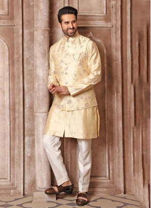 Light Yellow Embroidered Nehru Jacket Set