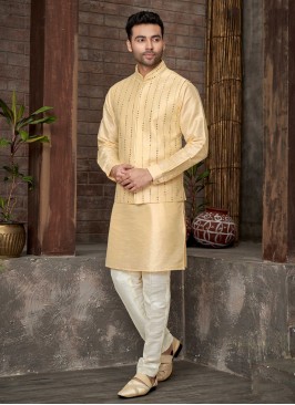 Light Yellow Nehru Jacket Set With Mirror Embroidery