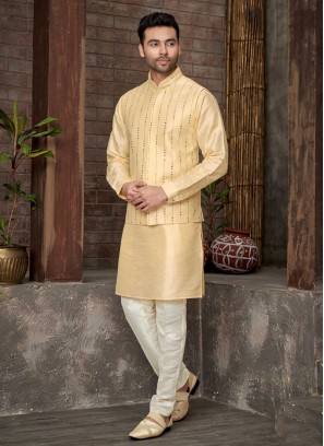 Light Yellow Nehru Jacket Set With Mirror Embroidery