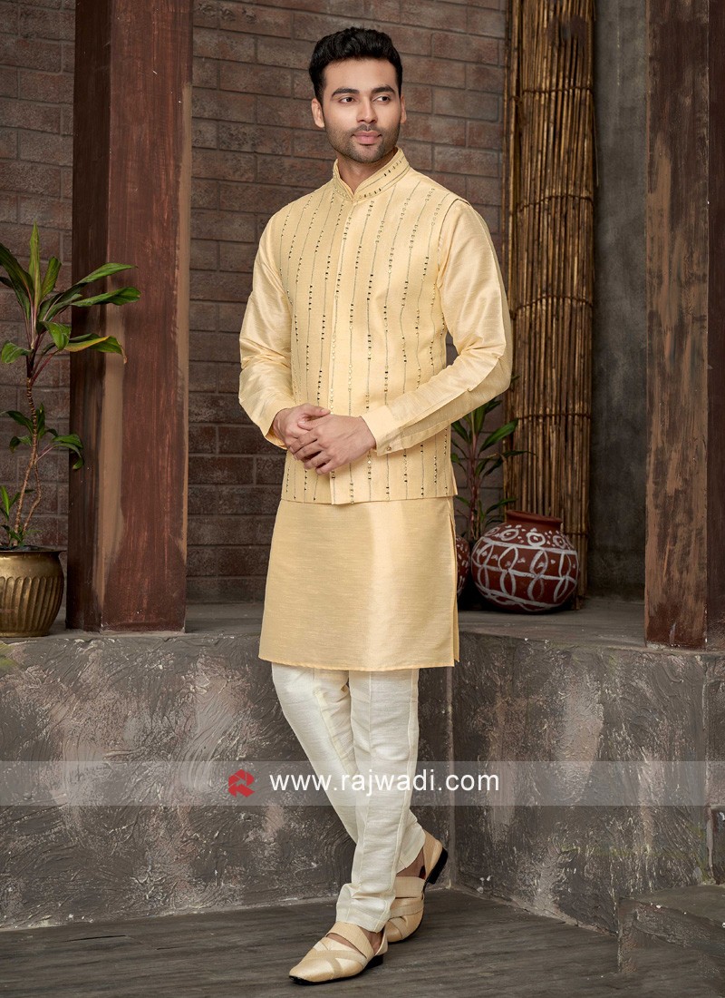 Light Yellow Nehru Jacket Set With Mirror Embroidery