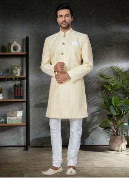 Light Yellow Thread Embroidered Indowestern Set