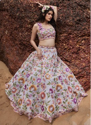 Lilac Chiffon Georgette Lehenga Choli With Heavy Embroidery