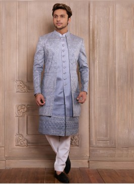 Lilac Embroidered Jacket Style Indowestern Set