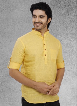 Linen Fabric Short Kurta In Yellow Color