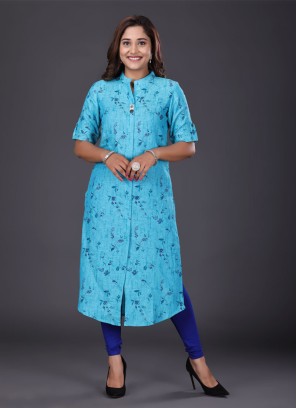 Linen Kurti In Turquoise Blue Color