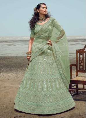 Buy Pleasing Sea Green Mirror Work Rajwadi Silk Wedding Lehenga