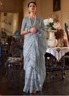 Grey Batik Printed Casual Wear Cotton Saree