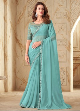 Stunning Aqua Blue Georgette & Silk Designer Saree