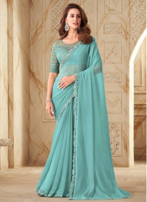 Stunning Aqua Blue Georgette & Silk Designer Saree