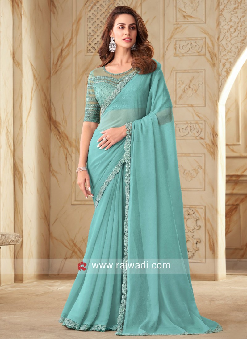 Shop Ombre Aqua & Persian Green Georgette Designer Saree | 6.3m Length