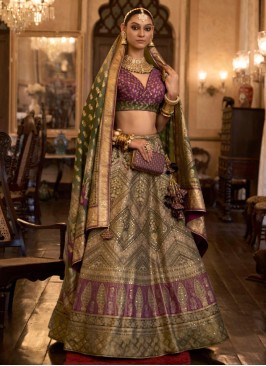 Green & Purple Silk Wedding A Line Lehenga Choli