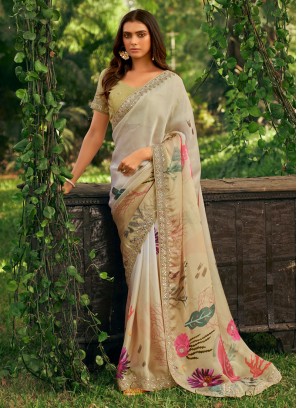Lovely Cream Floral Printed Organza Party Wear Saree