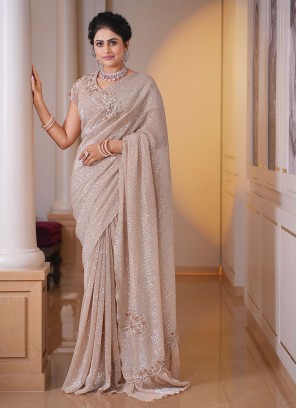 Lovely Cream Sequins Embroidered Party Wear Saree
